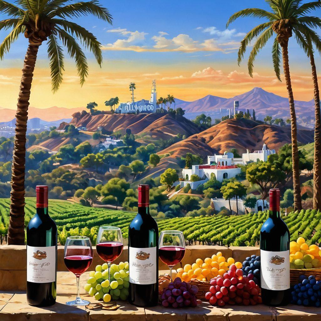 A vibrant vineyard landscape in Hollywood with sun-drenched grapevines, bottles of wine elegantly positioned among the fruit, and a backdrop of iconic Hollywood landmarks such as the Hollywood Sign and palm trees. Add in cheerful wine enthusiasts sharing glasses of wine and lively discussions, emphasizing the rich culture surrounding wine. super-realistic. vibrant colors. bright sunny atmosphere.