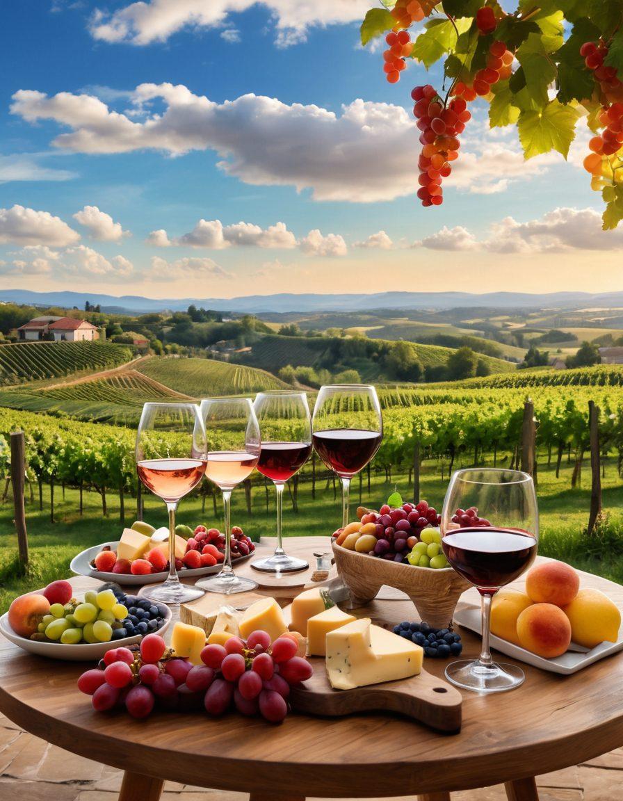 A beautifully arranged wine tasting scene featuring an elegant wooden table adorned with various wine glasses filled with red, white, and rosé wines. In the background, lush vineyards stretch under a bright blue sky with fluffy clouds, while a sommelier discusses pairings with a diverse group of enthusiastic tasters. Include vibrant fruits and cheeses on the table to emphasize pairings. super-realistic. vibrant colors. atmospheric lighting.
