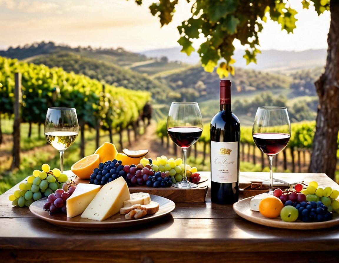 A beautifully arranged table showcasing an array of exquisite wines in elegant glasses, surrounded by cheese and fruit pairings, with a backdrop of a celebratory vineyard. Bright sunlight filters through lush grapevines, creating an inviting and sophisticated atmosphere. Include happy guests toasting with wine glasses, embodying a sense of joy and education in celebrating wine culture. super-realistic. vibrant colors. warm lighting.